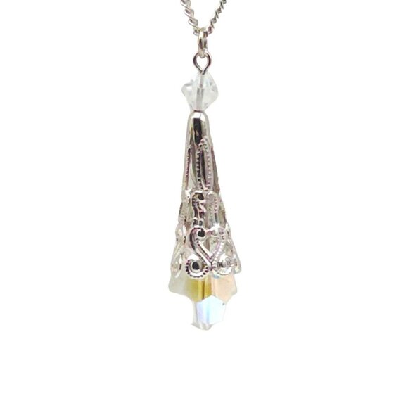 Crystal Teardrop Pendant Chain Necklace Spring Ring Closure Silver Tone Vintage - Picture 2 of 6